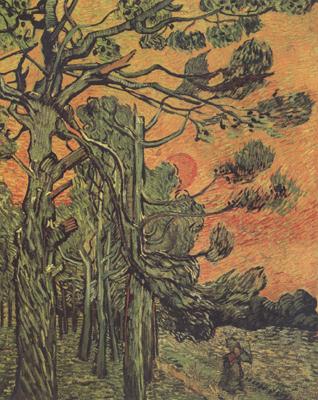 Vincent Van Gogh Pine Trees against a Red Sky with Setting Sun (nn04) oil painting picture